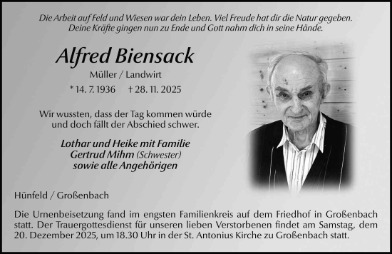 Traueranzeige von Alfred Biensack von FZ