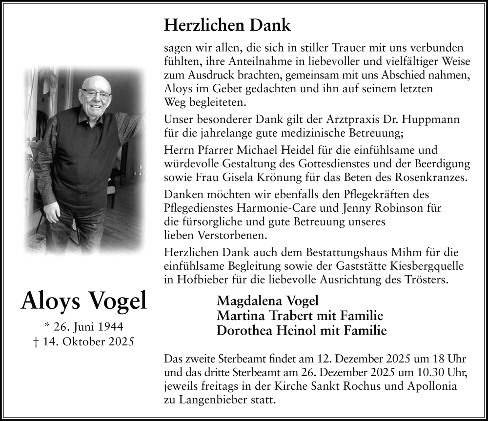  Traueranzeige für Aloys Vogel vom 09.12.2025 aus FZ