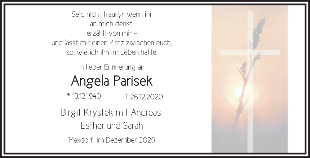  Traueranzeige für Angela Parisek vom 20.12.2025 aus FZ