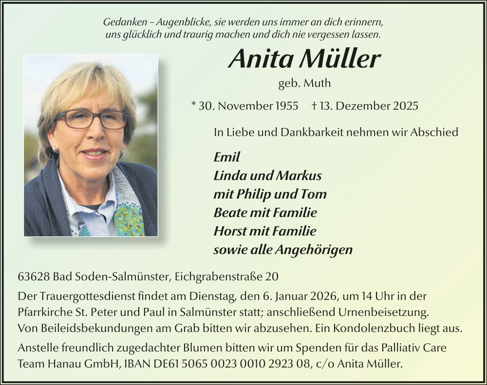  Traueranzeige für Anita Müller vom 20.12.2025 aus FZ