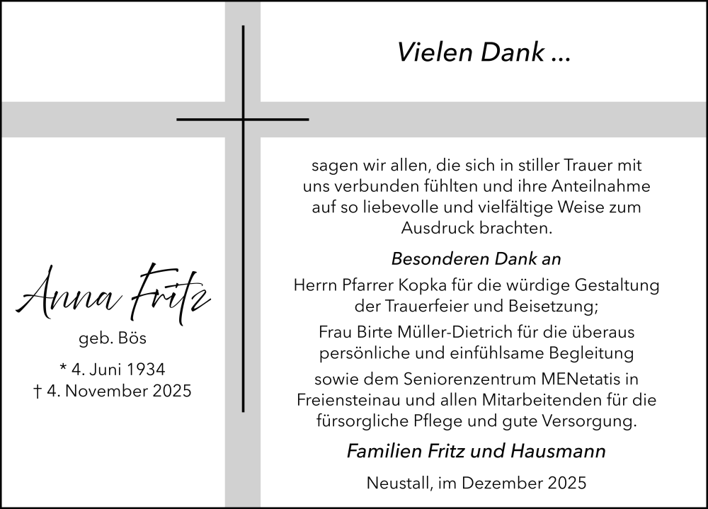  Traueranzeige für Anna Fritz vom 13.12.2025 aus FZ