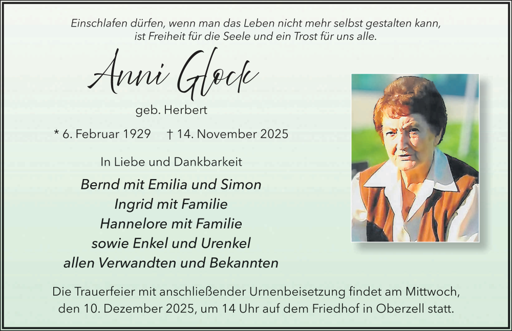  Traueranzeige für Anni Glock vom 06.12.2025 aus FZ
