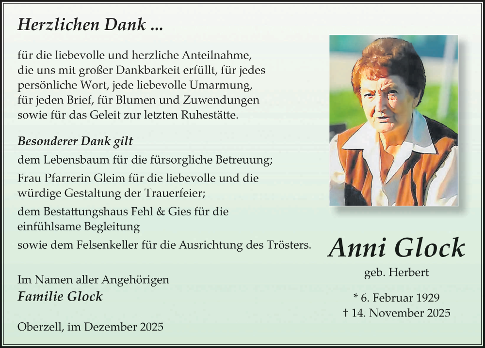  Traueranzeige für Anni Glock vom 27.12.2025 aus FZ