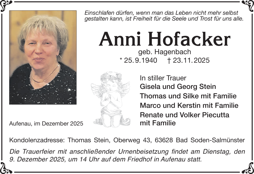  Traueranzeige für Anni Hofacker vom 06.12.2025 aus FZ