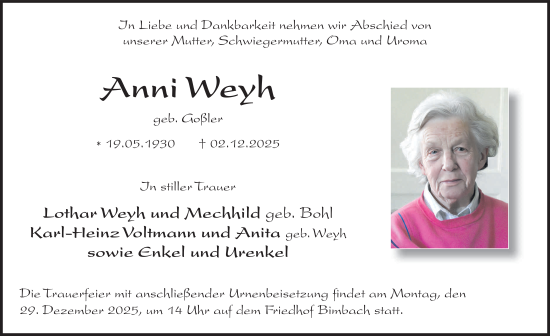 Traueranzeige von Anni Weyh von FZ