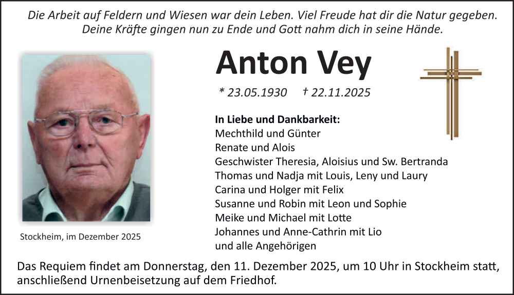  Traueranzeige für Anton Vey vom 06.12.2025 aus FZ