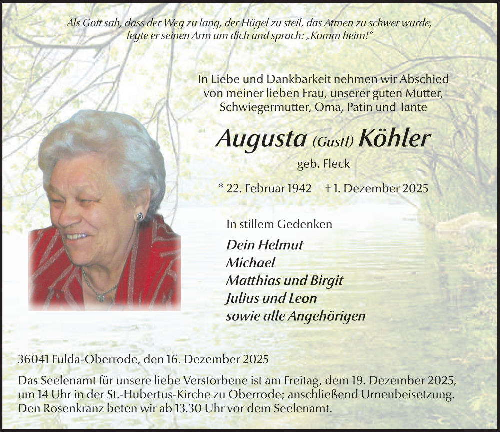 Traueranzeige für Augusta Köhler vom 16.12.2025 aus FZ