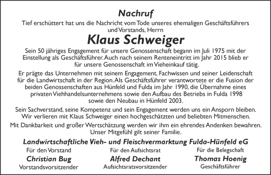 Traueranzeige von Klaus Schweiger von FZ