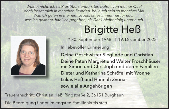Traueranzeige von Brigitte Heß von FZ