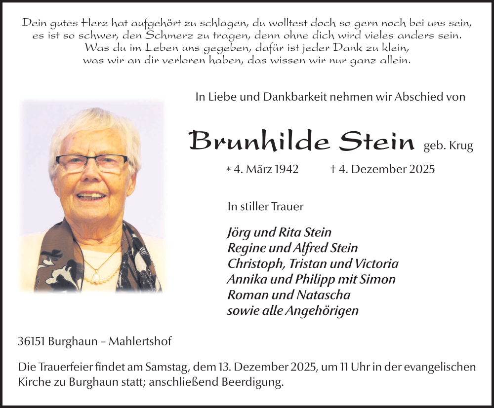  Traueranzeige für Brunhilde Stein vom 10.12.2025 aus FZ