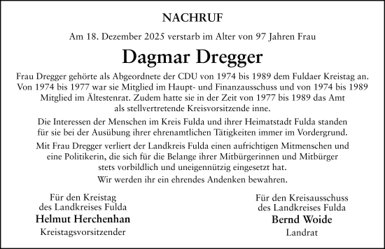 Traueranzeige von Dagmar Dregger von FZ