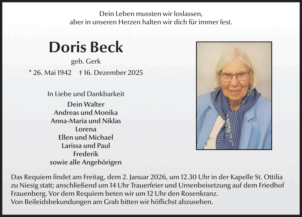  Traueranzeige für Doris Beck vom 27.12.2025 aus FZ