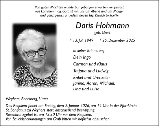 Traueranzeige von Doris Hohmann von FZ