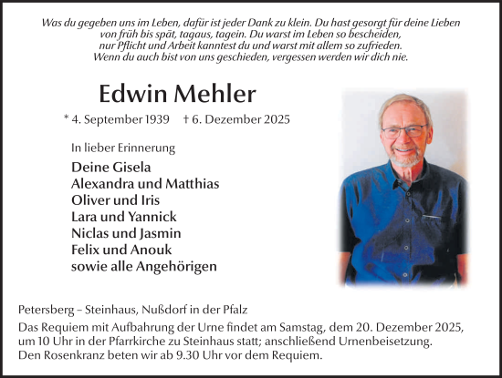 Traueranzeige von Edwin Mehler von FZ