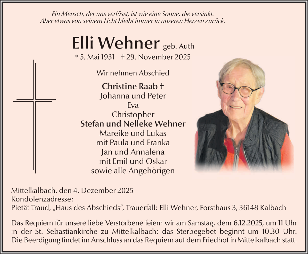  Traueranzeige für Elli Wehner vom 04.12.2025 aus FZ