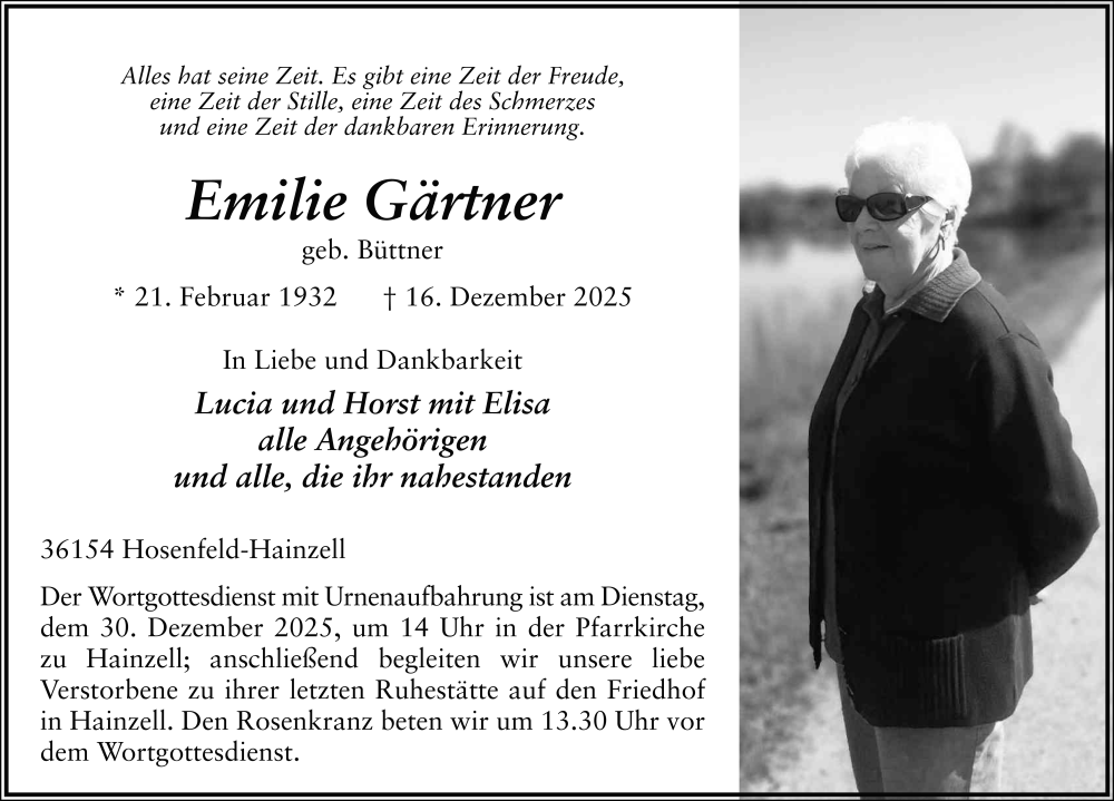  Traueranzeige für Emilie Gärtner vom 27.12.2025 aus FZ