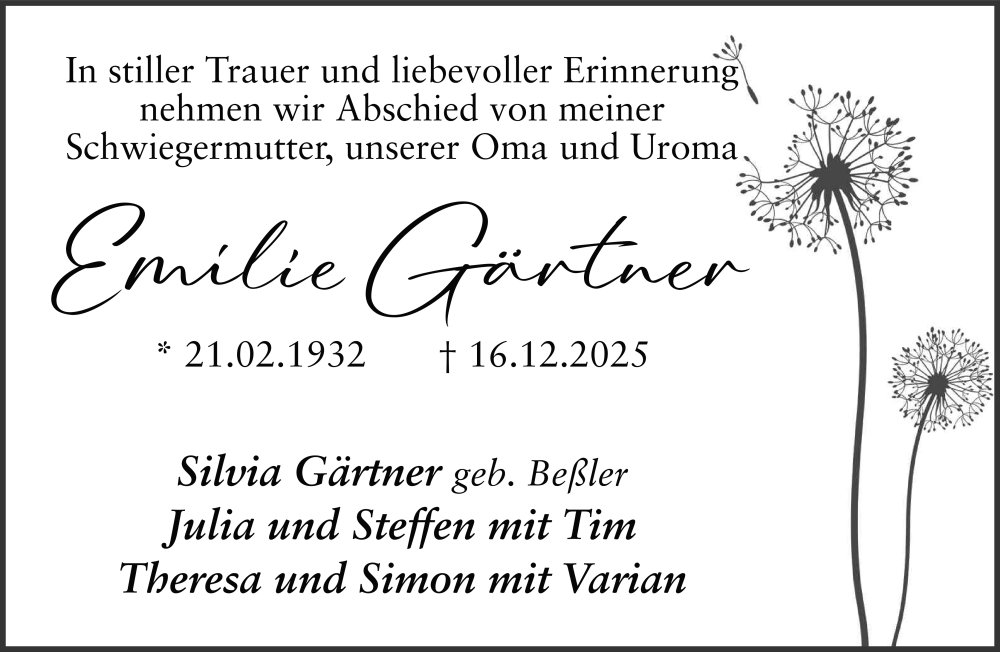  Traueranzeige für Emilie Gärtner vom 27.12.2025 aus FZ