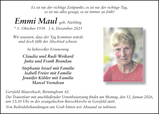 Traueranzeige von Emmi Maul von FZ