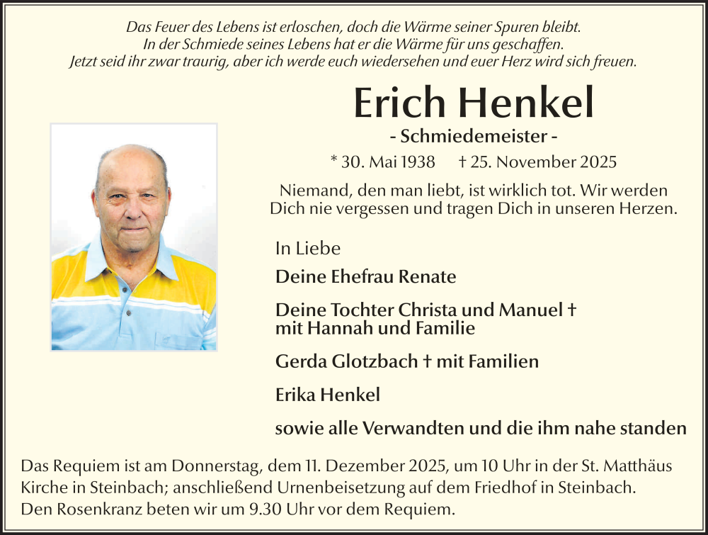  Traueranzeige für Erich Henkel vom 06.12.2025 aus FZ