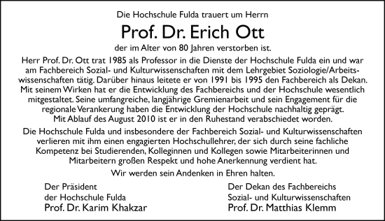 Traueranzeige von Erich Ott von FZ