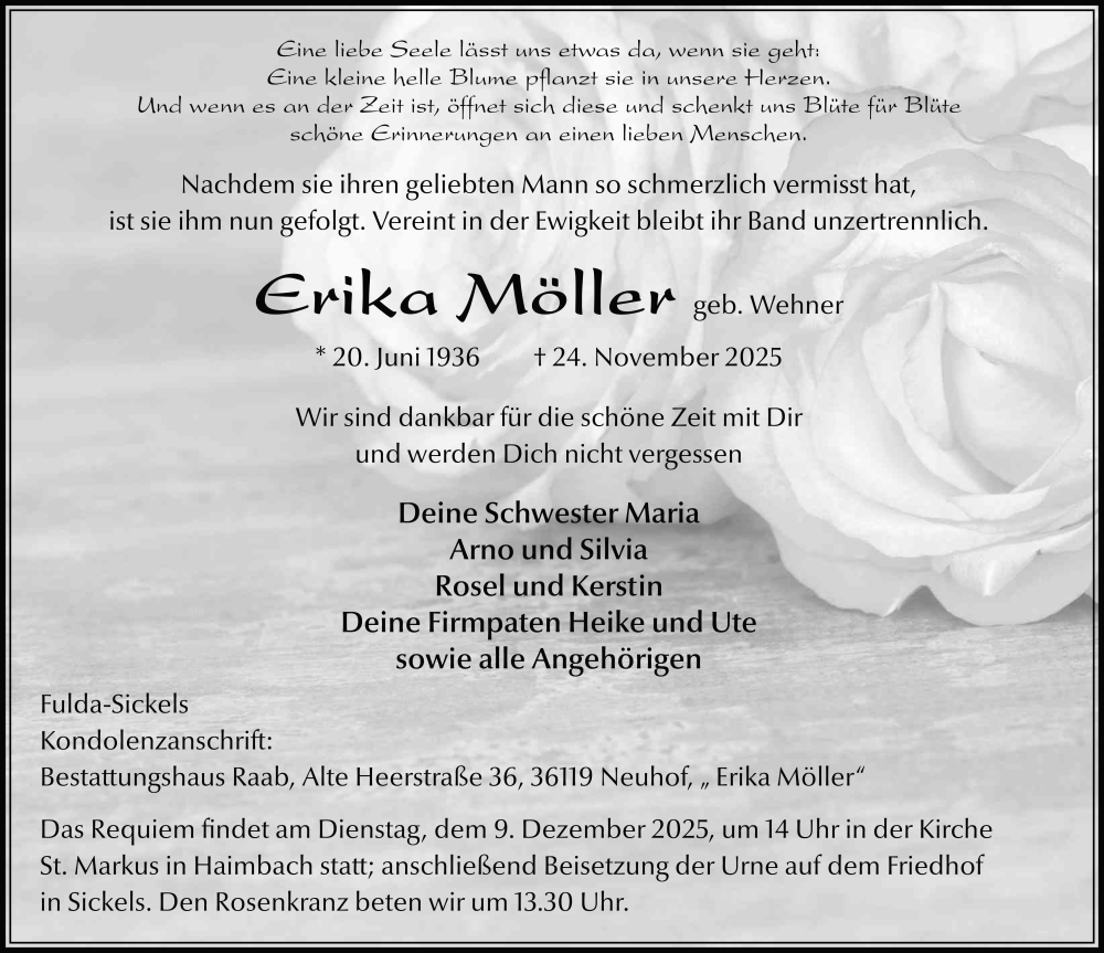  Traueranzeige für Erika Möller vom 04.12.2025 aus FZ