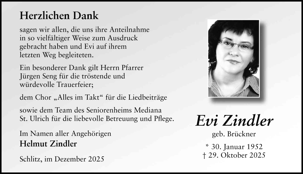  Traueranzeige für Evi Zindler vom 15.12.2025 aus FZ