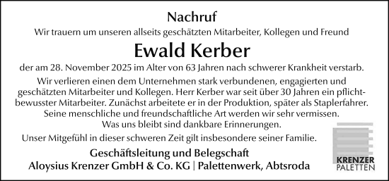Traueranzeige von Ewald Kerber von FZ