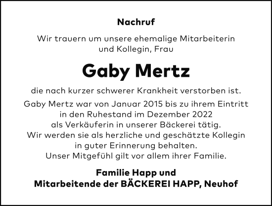 Traueranzeige von Gaby Mertz von FZ
