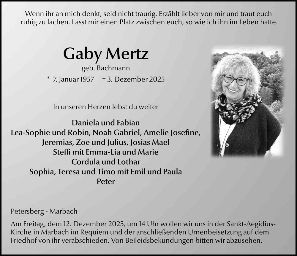  Traueranzeige für Gaby Mertz vom 06.12.2025 aus FZ
