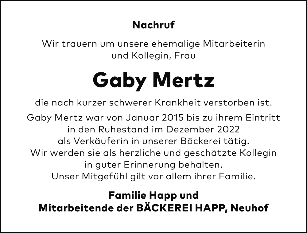  Traueranzeige für Gaby Mertz vom 10.12.2025 aus FZ