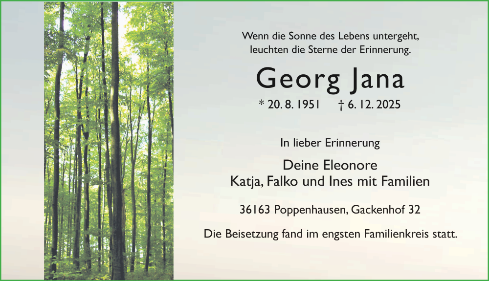  Traueranzeige für Georg Jana vom 22.12.2025 aus FZ