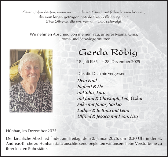 Traueranzeige von Gerda Röbig von FZ