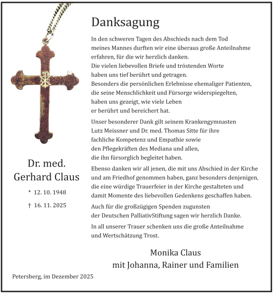 Traueranzeige von Gerhard Claus von FZ