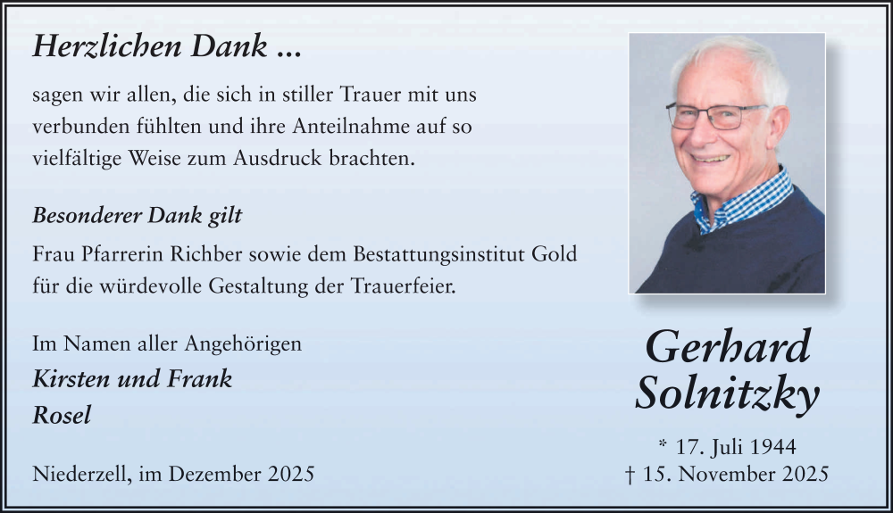  Traueranzeige für Gerhard Solnitzky vom 20.12.2025 aus FZ