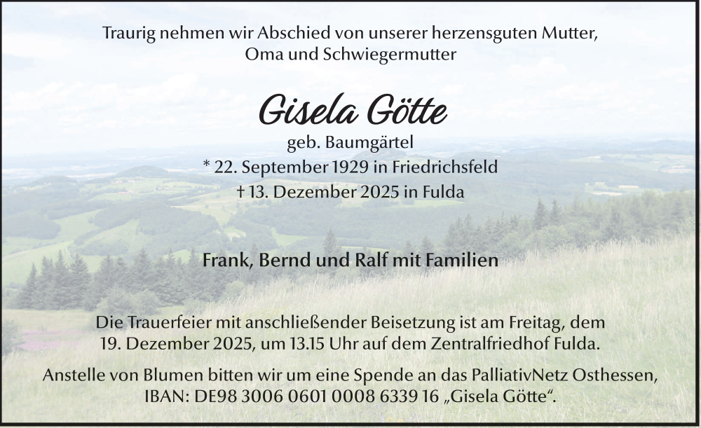  Traueranzeige für Gisela Götte vom 17.12.2025 aus FZ