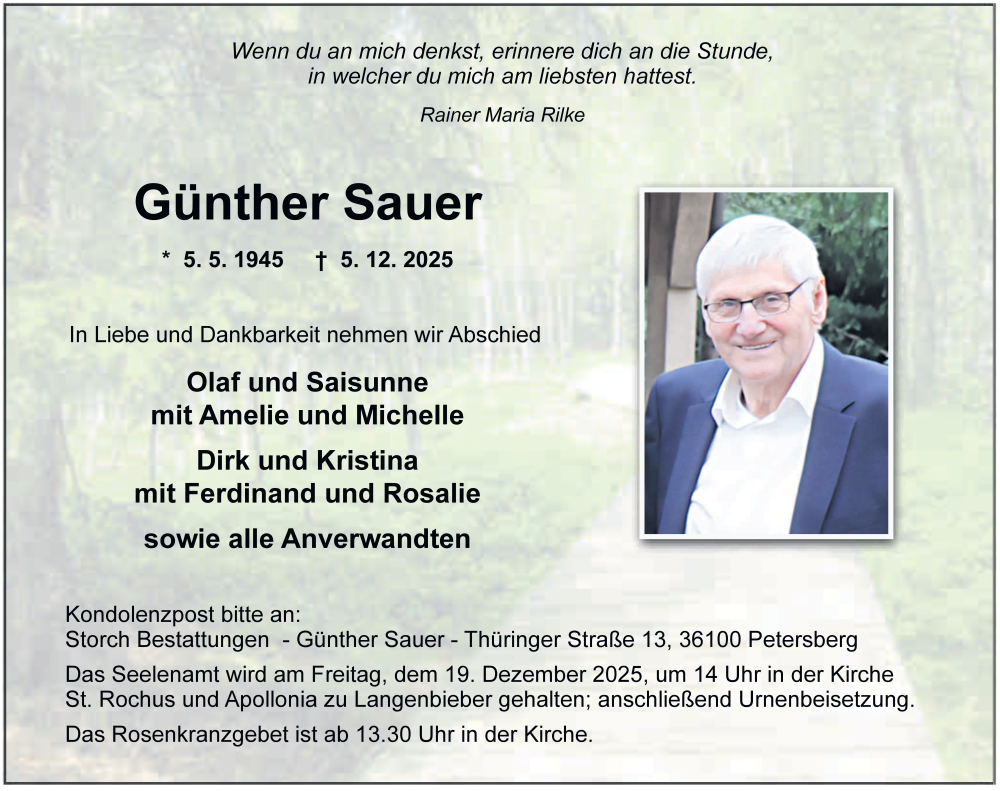  Traueranzeige für Günther Sauer vom 13.12.2025 aus FZ