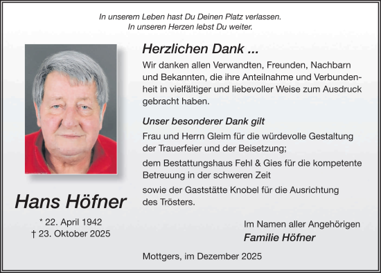 Traueranzeige von Hans Höfner von FZ