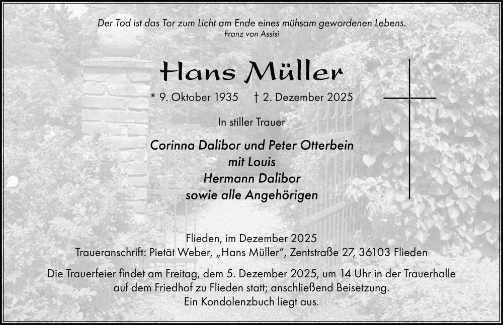  Traueranzeige für Hans Müller vom 04.12.2025 aus FZ