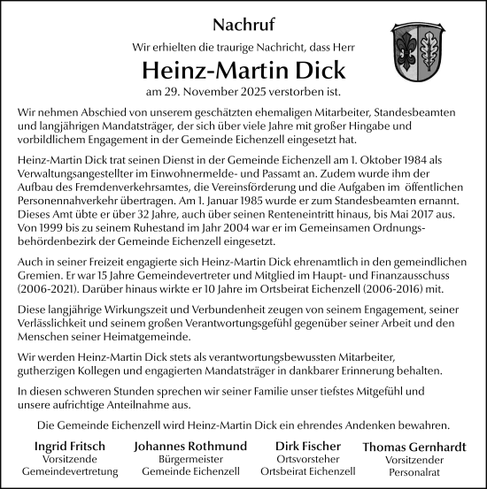 Traueranzeige von Heinz-Martin Dick von FZ