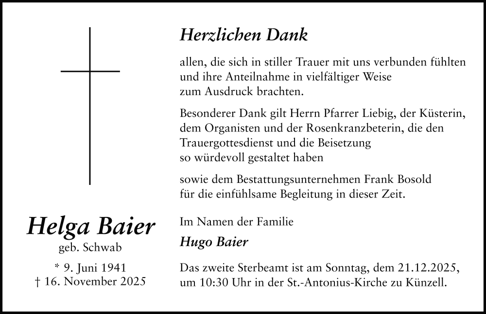  Traueranzeige für Helga Baier vom 13.12.2025 aus FZ