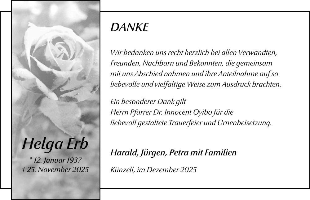  Traueranzeige für Helga Erb vom 20.12.2025 aus FZ