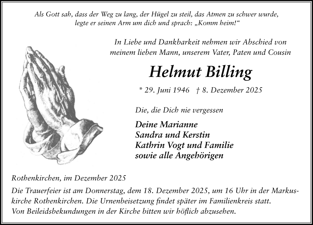  Traueranzeige für Helmut Billing vom 15.12.2025 aus FZ