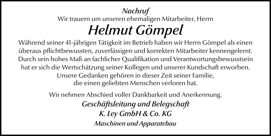 Traueranzeige von Helmut Gömpel von FZ