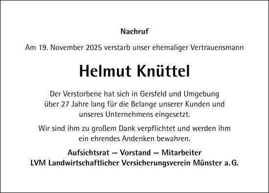 Traueranzeige von Helmut Knüttel von FZ