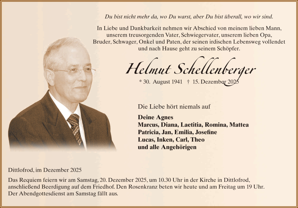  Traueranzeige für Helmut Schellenberger vom 18.12.2025 aus FZ
