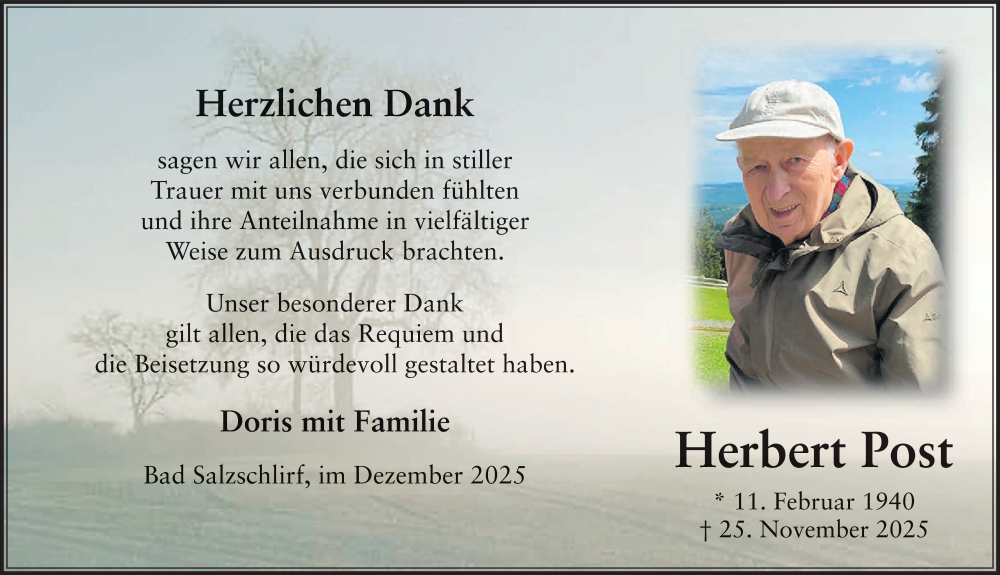  Traueranzeige für Herbert Post vom 19.12.2025 aus FZ