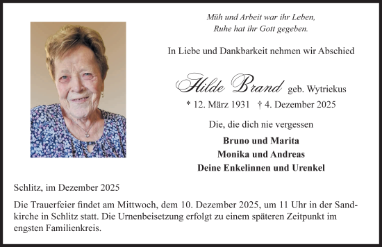Traueranzeige von Hilde Brand von FZ