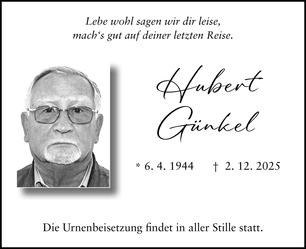  Traueranzeige für Hubert Günkel vom 05.12.2025 aus FZ