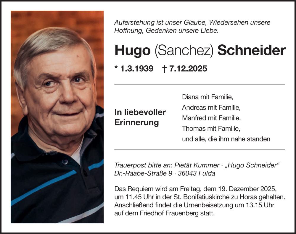  Traueranzeige für Hugo Schneider vom 13.12.2025 aus FZ