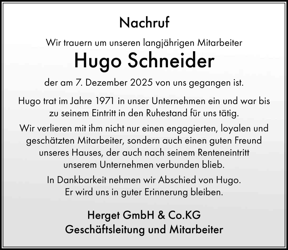  Traueranzeige für Hugo Schneider vom 13.12.2025 aus FZ